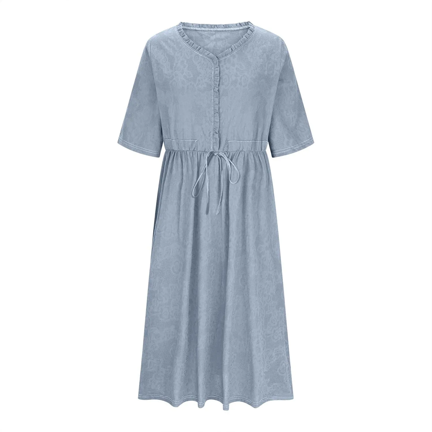 Casual Cotton Summer Dress Loose Short Sleeve V-Neck Button Sundress Fashion Solid Color Vacation Beach Dresses