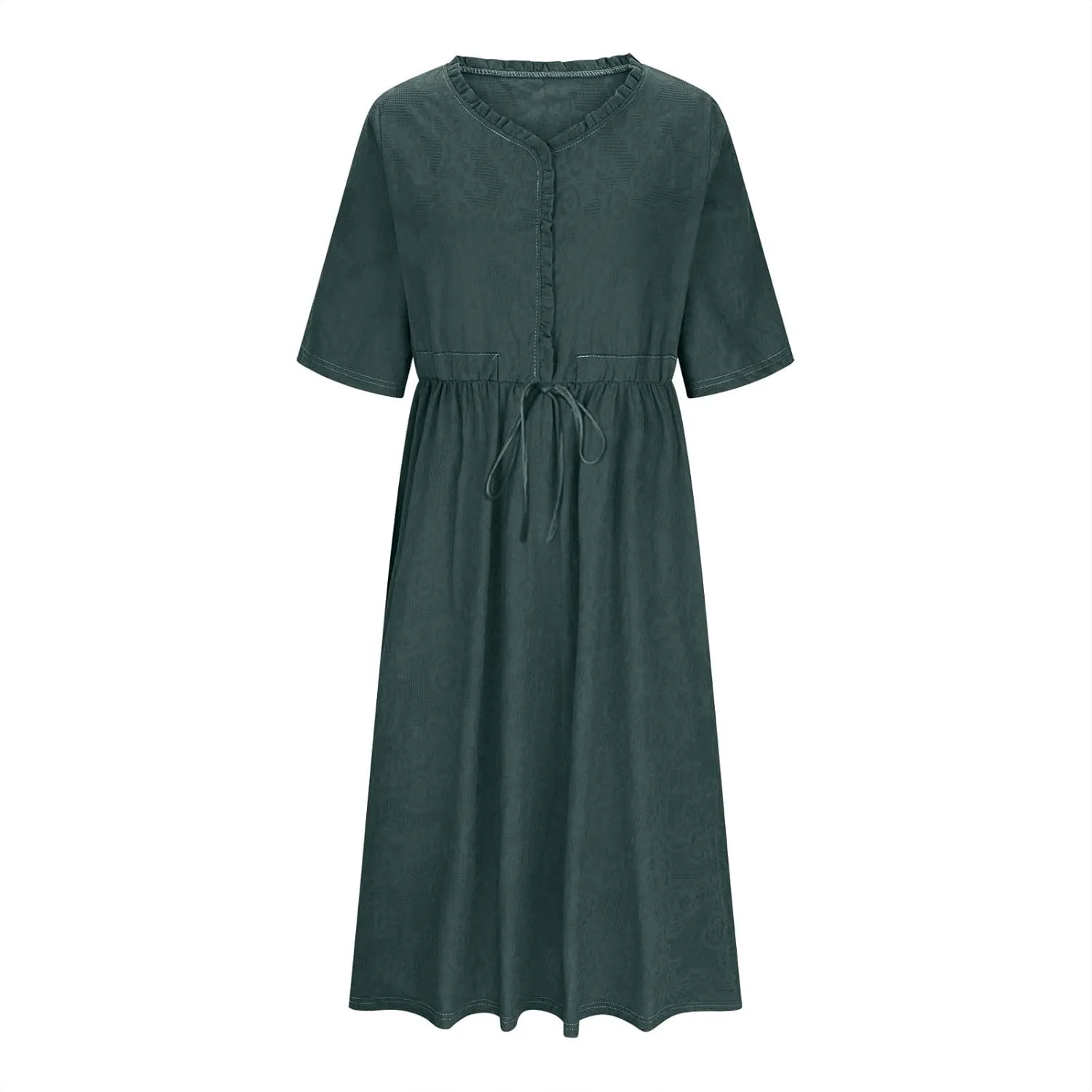 Casual Cotton Summer Dress Loose Short Sleeve V-Neck Button Sundress Fashion Solid Color Vacation Beach Dresses