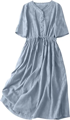 Casual Cotton Summer Dress Loose Short Sleeve V-Neck Button Sundress Fashion Solid Color Vacation Beach Dresses