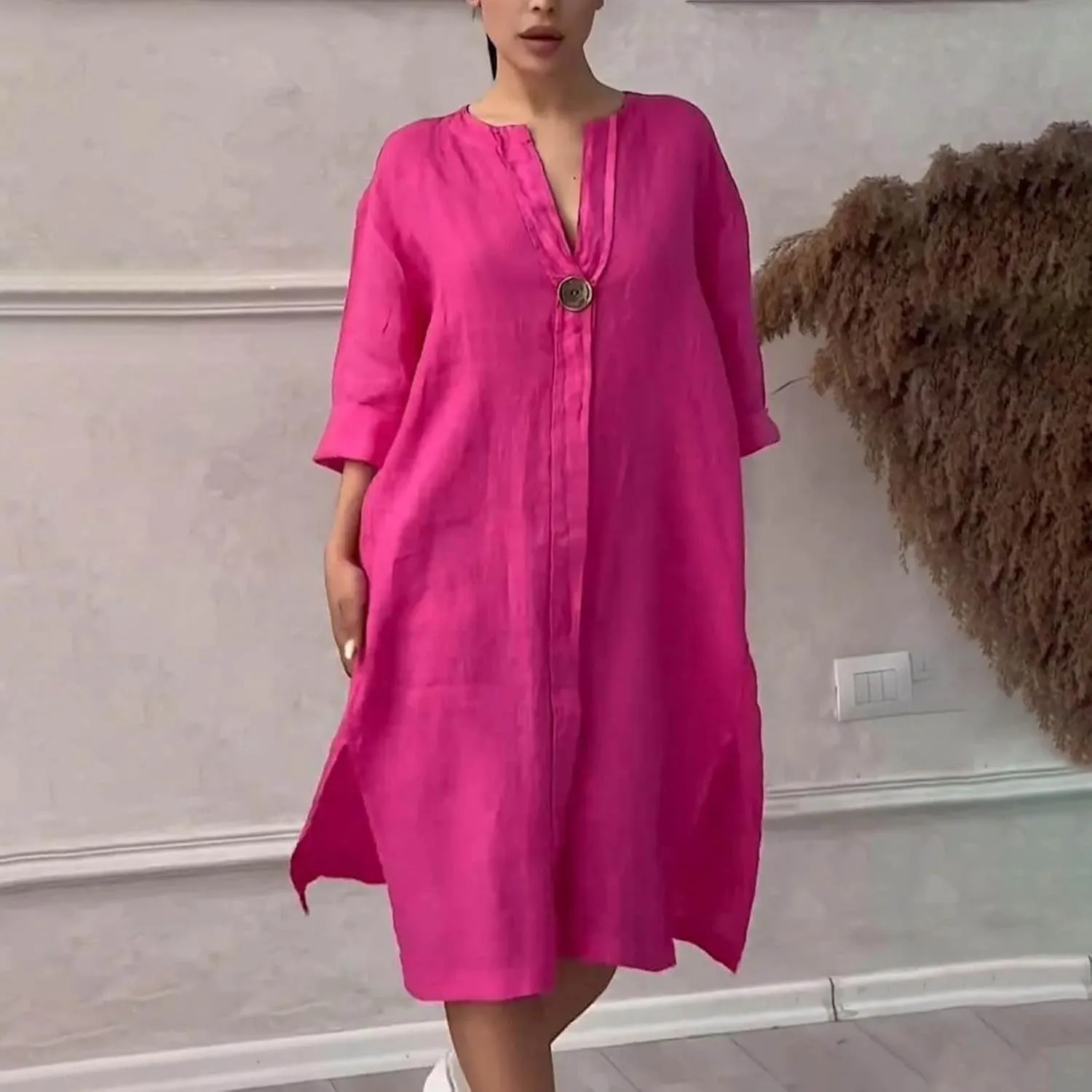 Casual Linen Midi Shirt Dresses for Women Summer V Neck Button Down 3/4 Sleeve Flowy Side Split Hem Beach Sundress