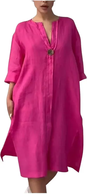 Casual Linen Midi Shirt Dresses for Women Summer V Neck Button Down 3/4 Sleeve Flowy Side Split Hem Beach Sundress