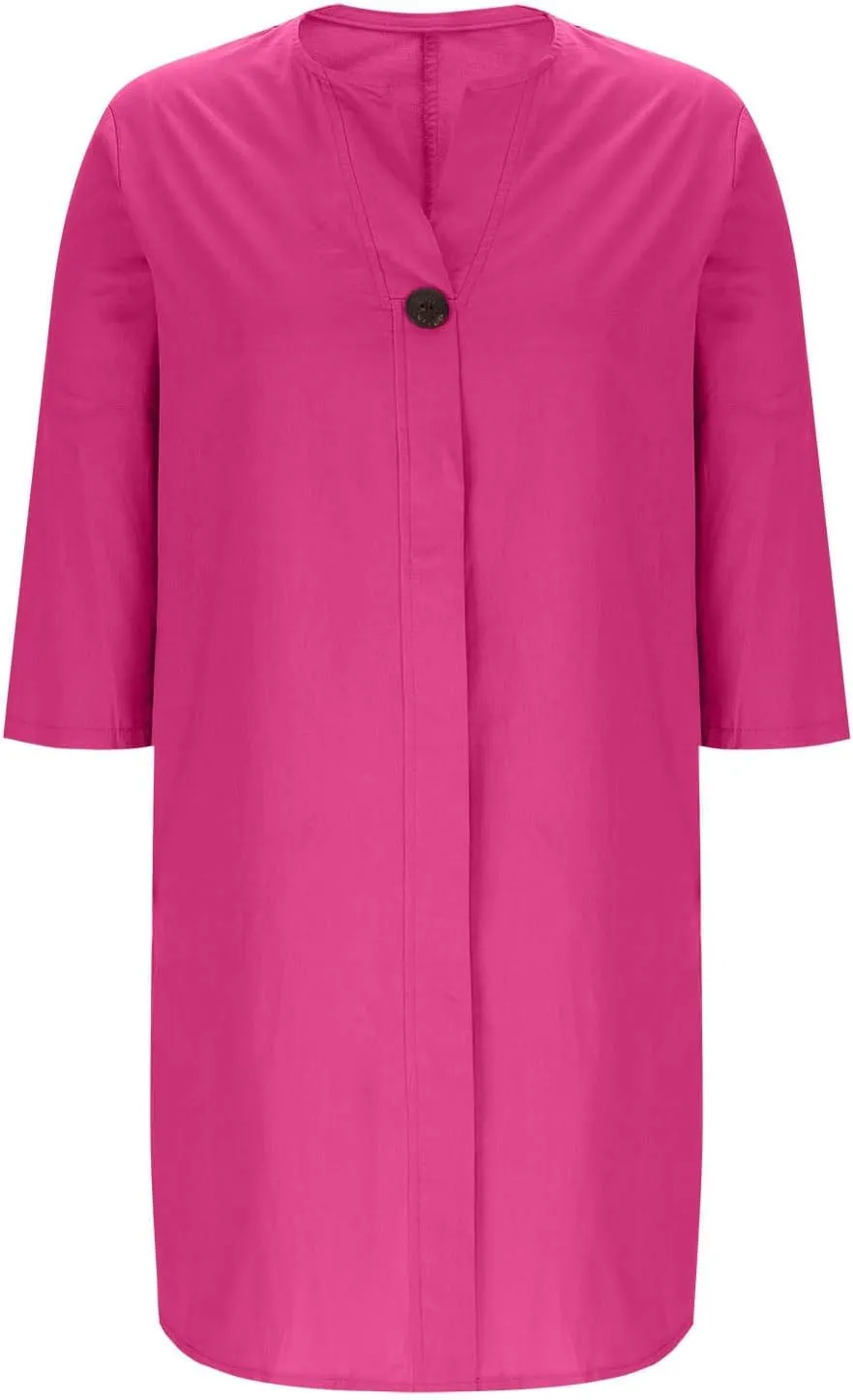 Casual Linen Midi Shirt Dresses for Women Summer V Neck Button Down 3/4 Sleeve Flowy Side Split Hem Beach Sundress