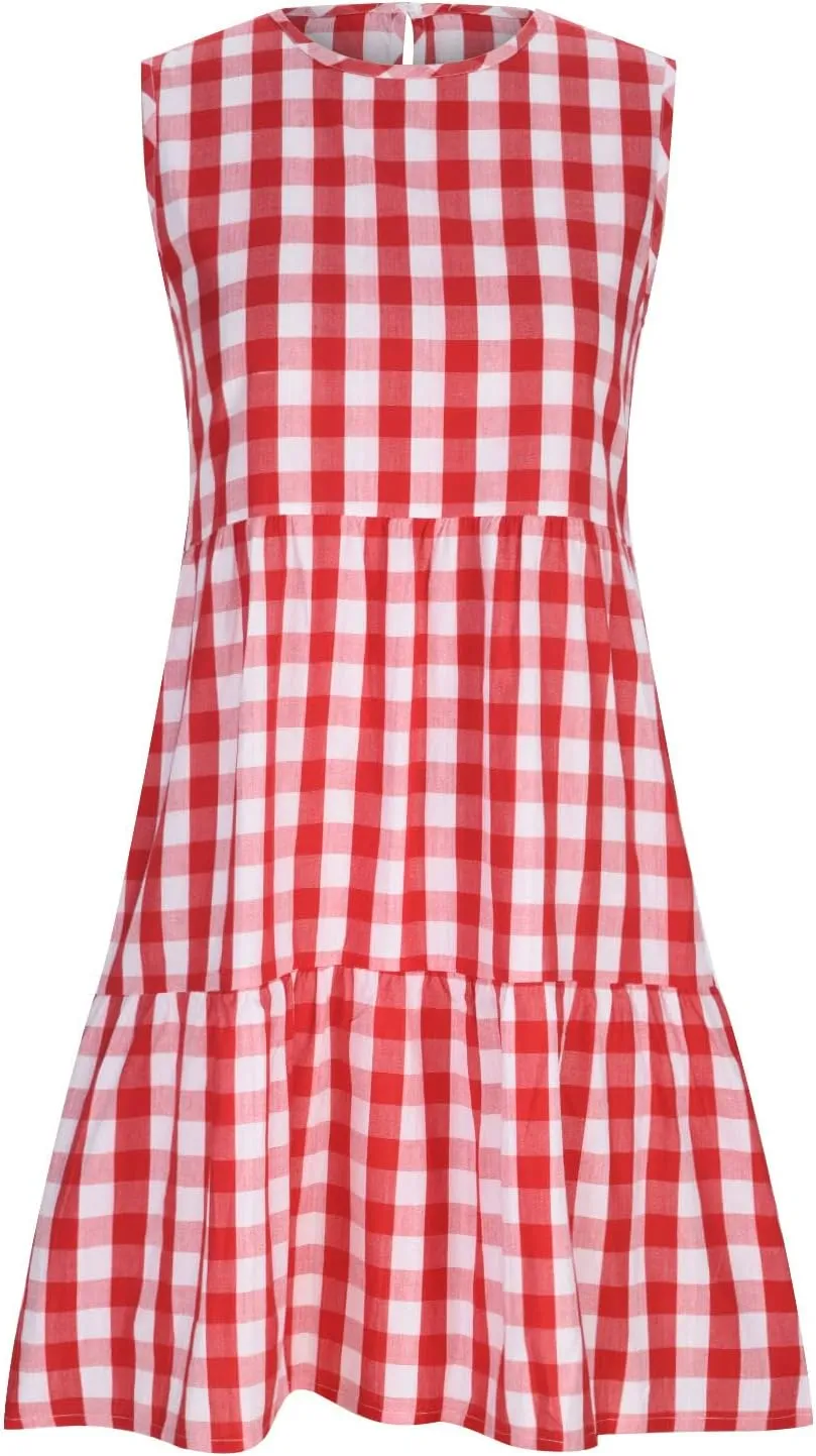 Ceboyel Women Gingham Linen Dress Boho Smocked Tiered Ruffle Dresses Plaid Summer Casual Sundress Trendy Picnic Clothes 2023