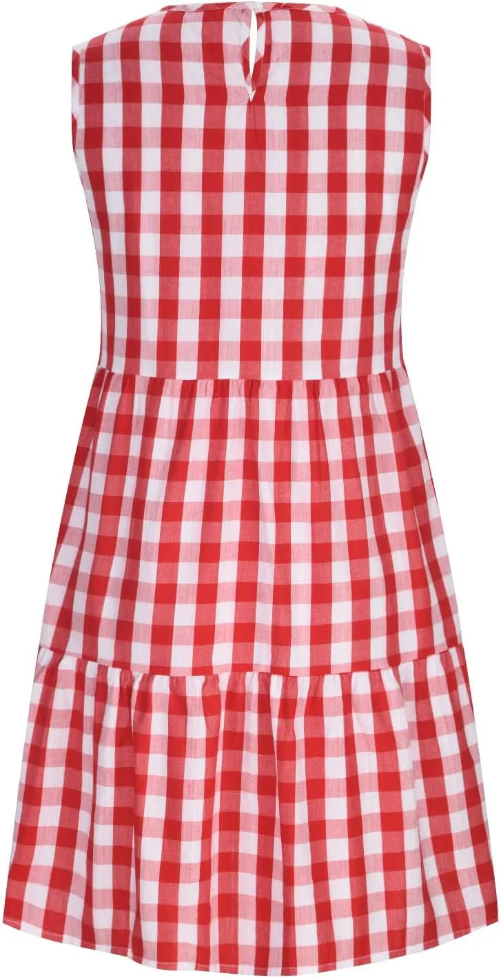 Ceboyel Women Gingham Linen Dress Boho Smocked Tiered Ruffle Dresses Plaid Summer Casual Sundress Trendy Picnic Clothes 2023