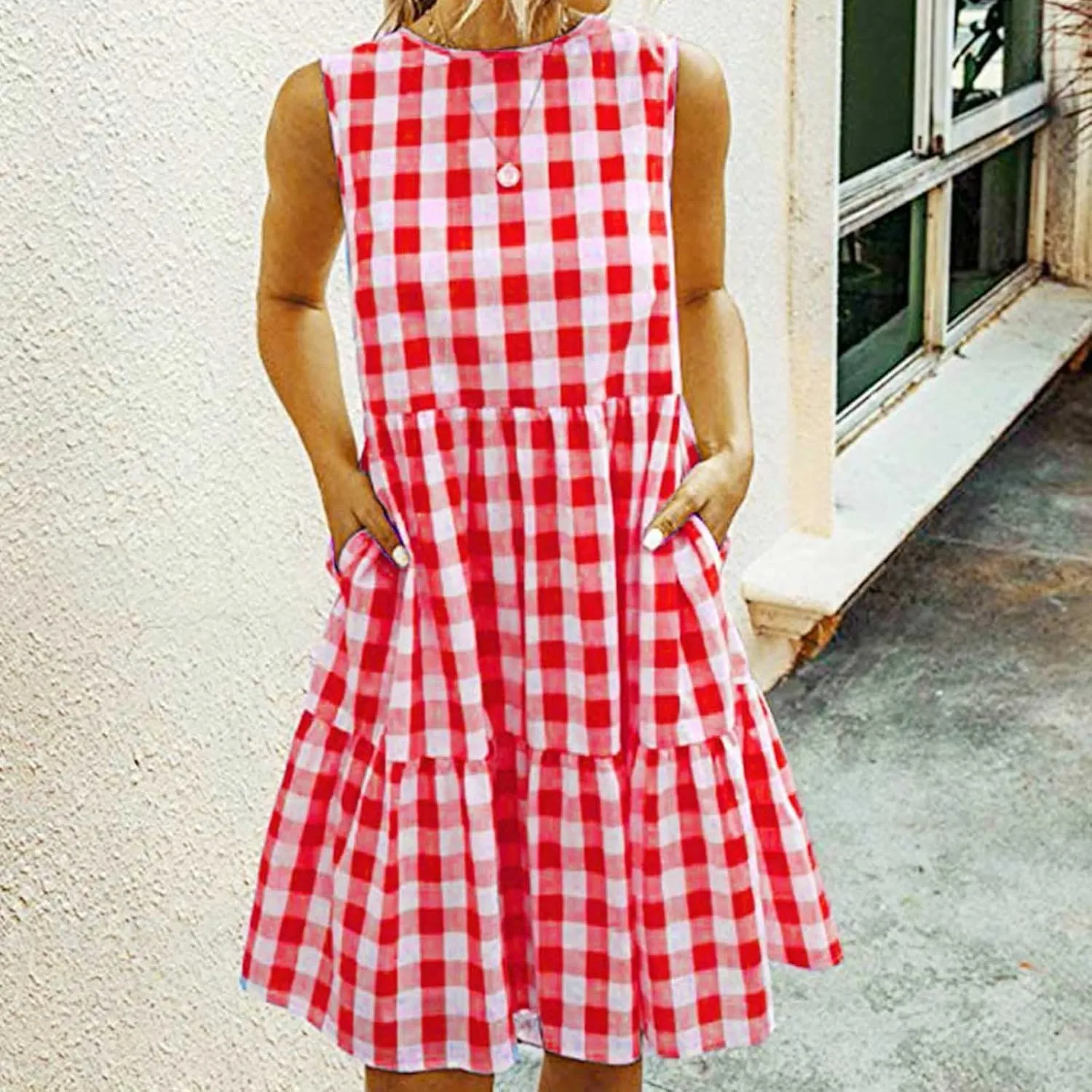 Ceboyel Women Gingham Linen Dress Boho Smocked Tiered Ruffle Dresses Plaid Summer Casual Sundress Trendy Picnic Clothes 2023