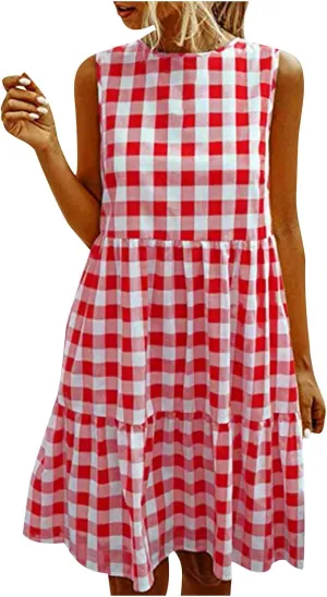 Ceboyel Women Gingham Linen Dress Boho Smocked Tiered Ruffle Dresses Plaid Summer Casual Sundress Trendy Picnic Clothes 2023