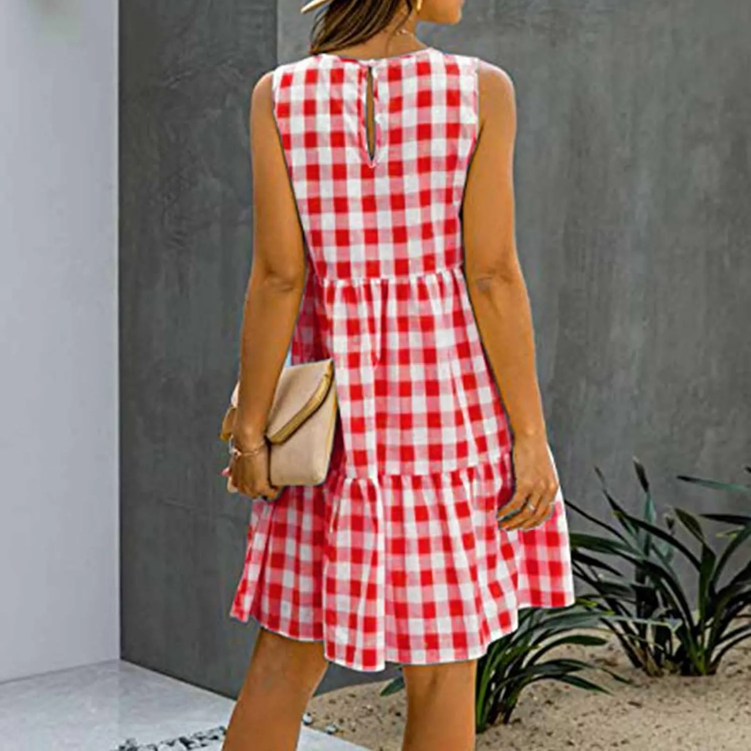 Ceboyel Women Gingham Linen Dress Boho Smocked Tiered Ruffle Dresses Plaid Summer Casual Sundress Trendy Picnic Clothes 2023