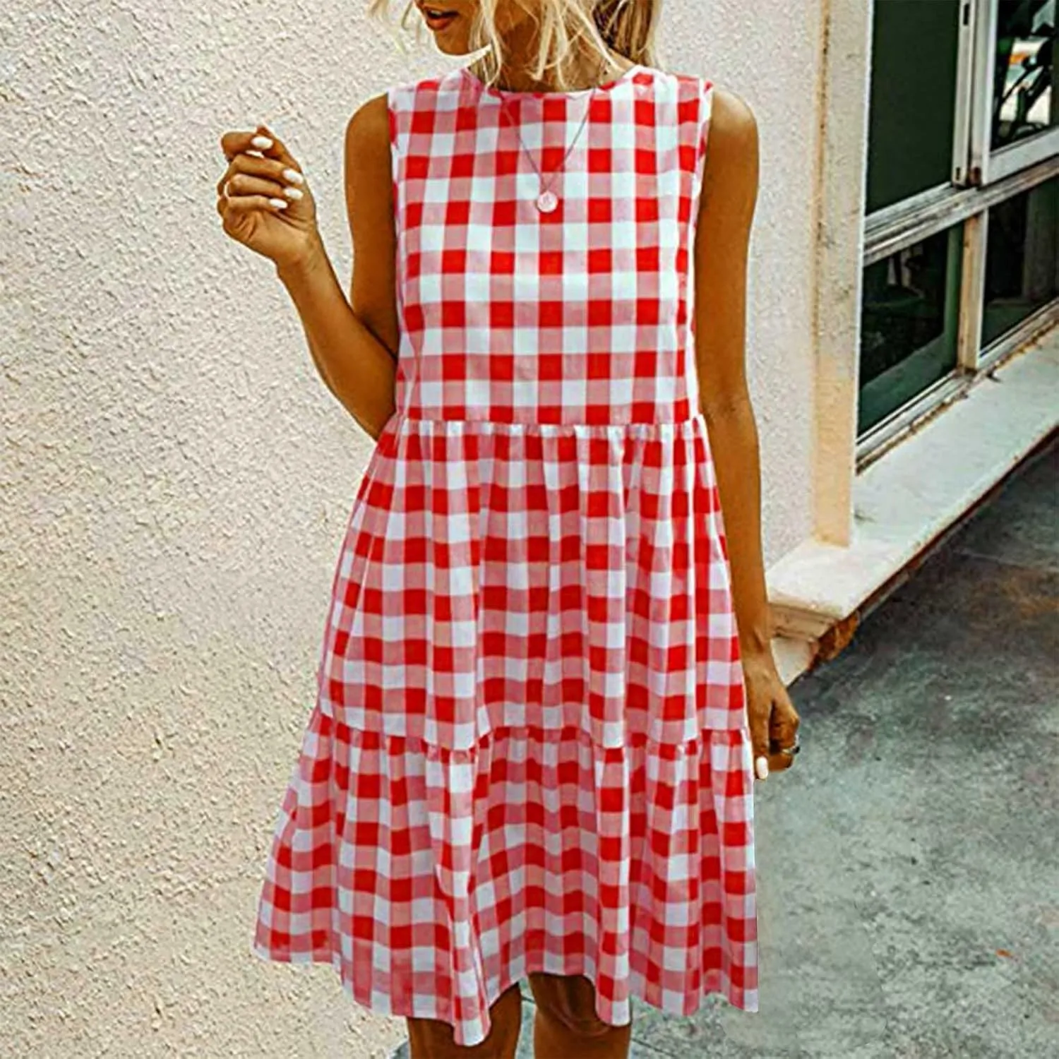 Ceboyel Women Gingham Linen Dress Boho Smocked Tiered Ruffle Dresses Plaid Summer Casual Sundress Trendy Picnic Clothes 2023