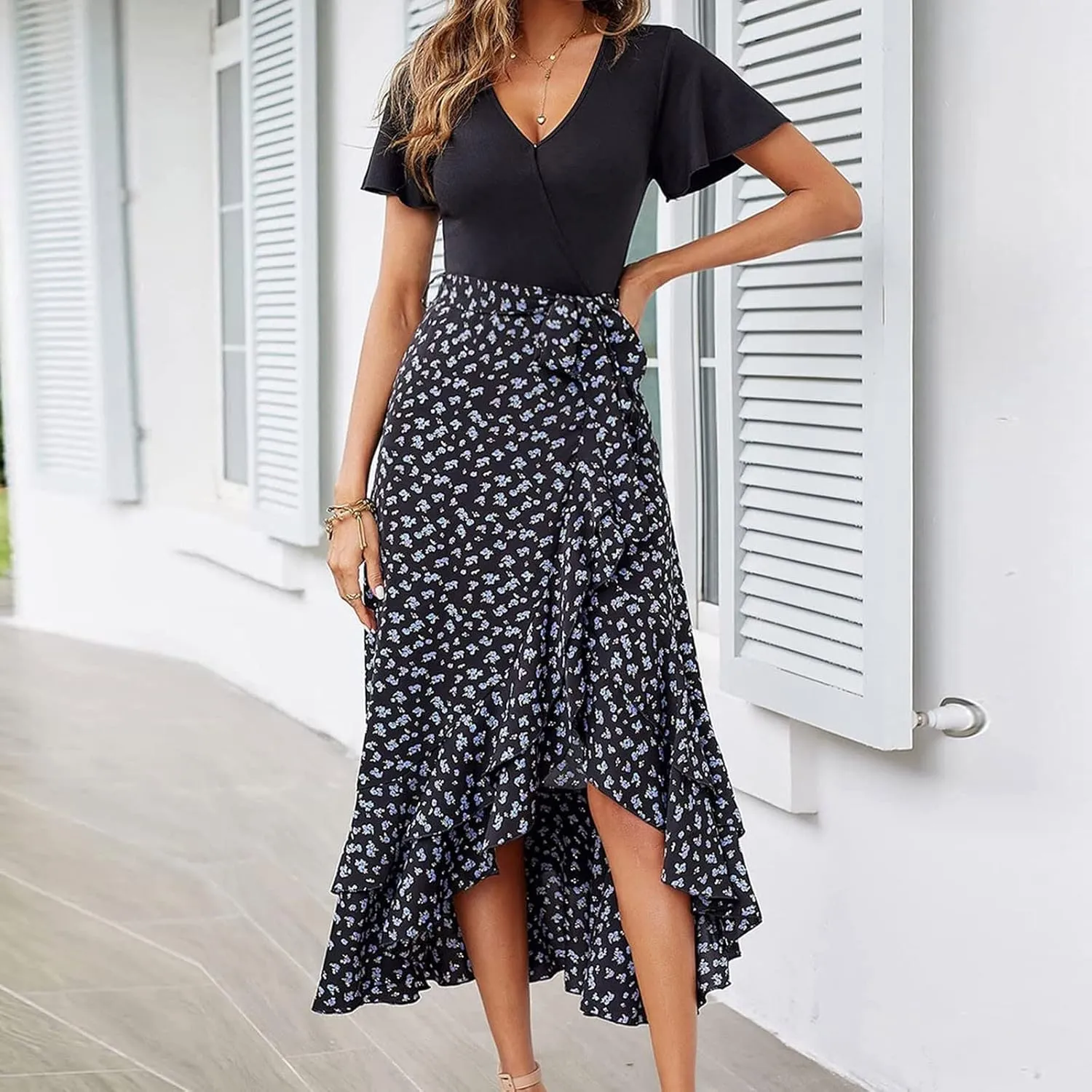 Ceboyel Women High Low Ruffle Spring Dresses Floral Causal Maxi Dress Short Sleeve Long Dresses Teacher Summer Clothing 2023
