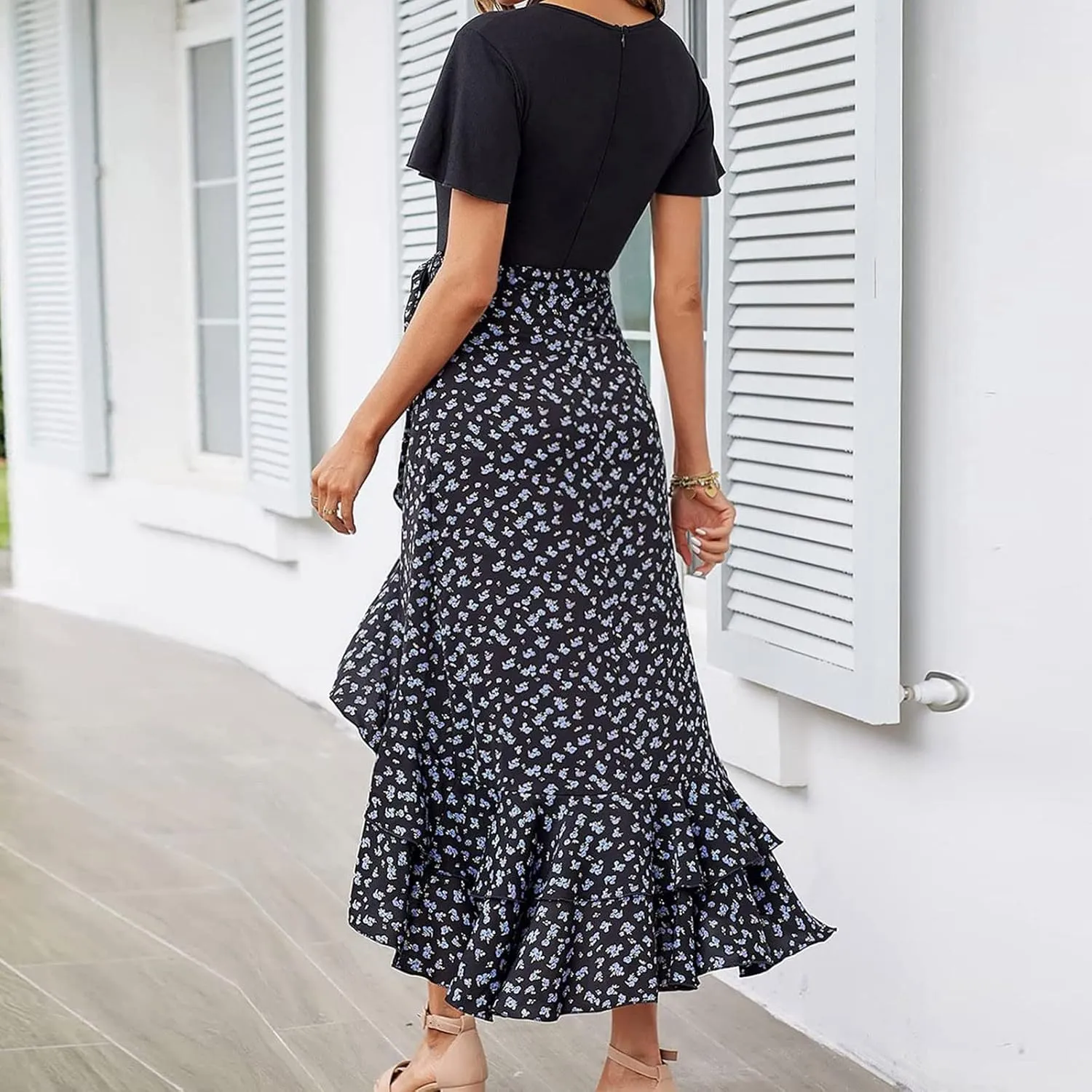 Ceboyel Women High Low Ruffle Spring Dresses Floral Causal Maxi Dress Short Sleeve Long Dresses Teacher Summer Clothing 2023