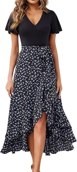 Ceboyel Women High Low Ruffle Spring Dresses Floral Causal Maxi Dress Short Sleeve Long Dresses Teacher Summer Clothing 2023