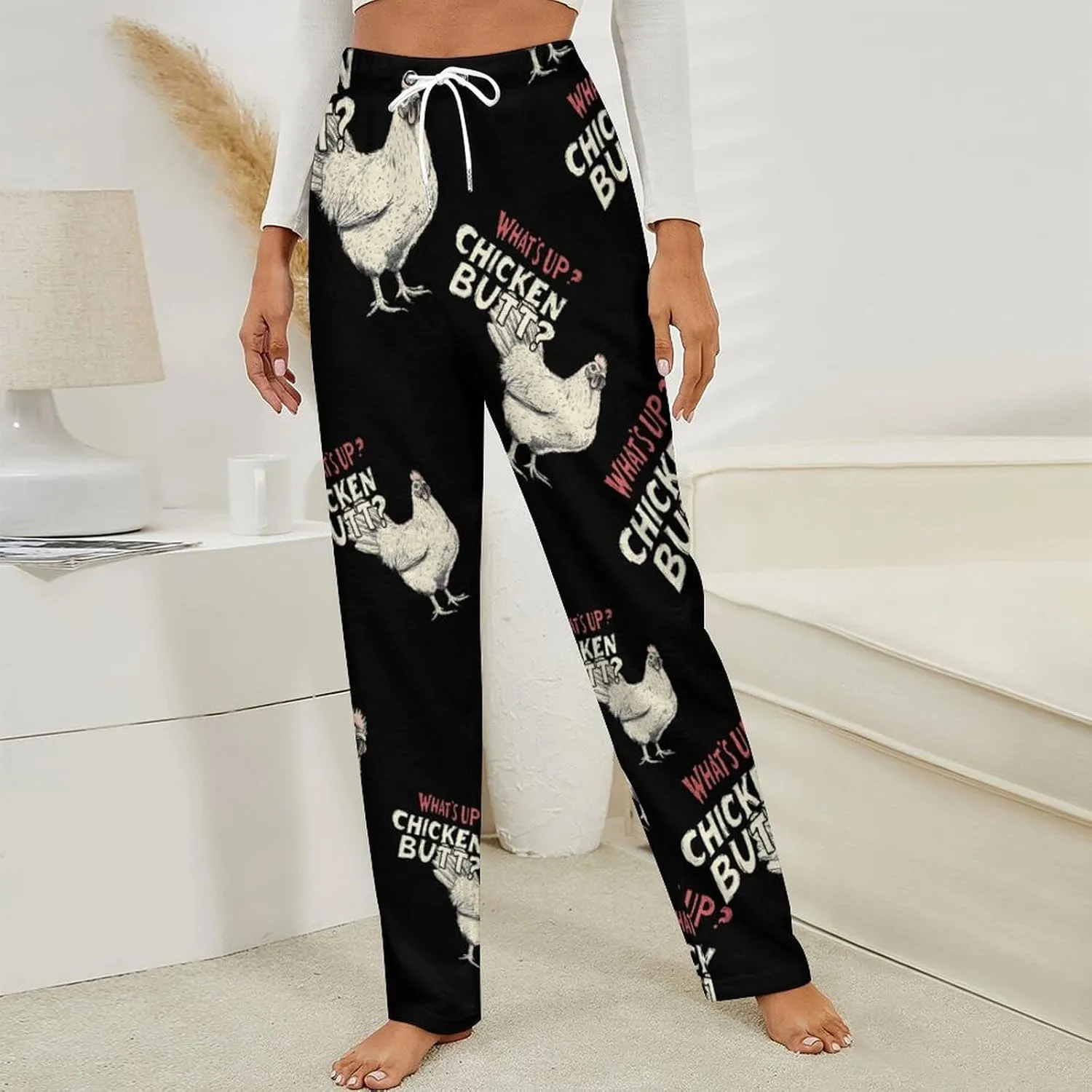 Chicken Hen What Womens Flannel Pajama Pants Long Length Sleep Lounge Pants with Drawstring Belt Loungewear