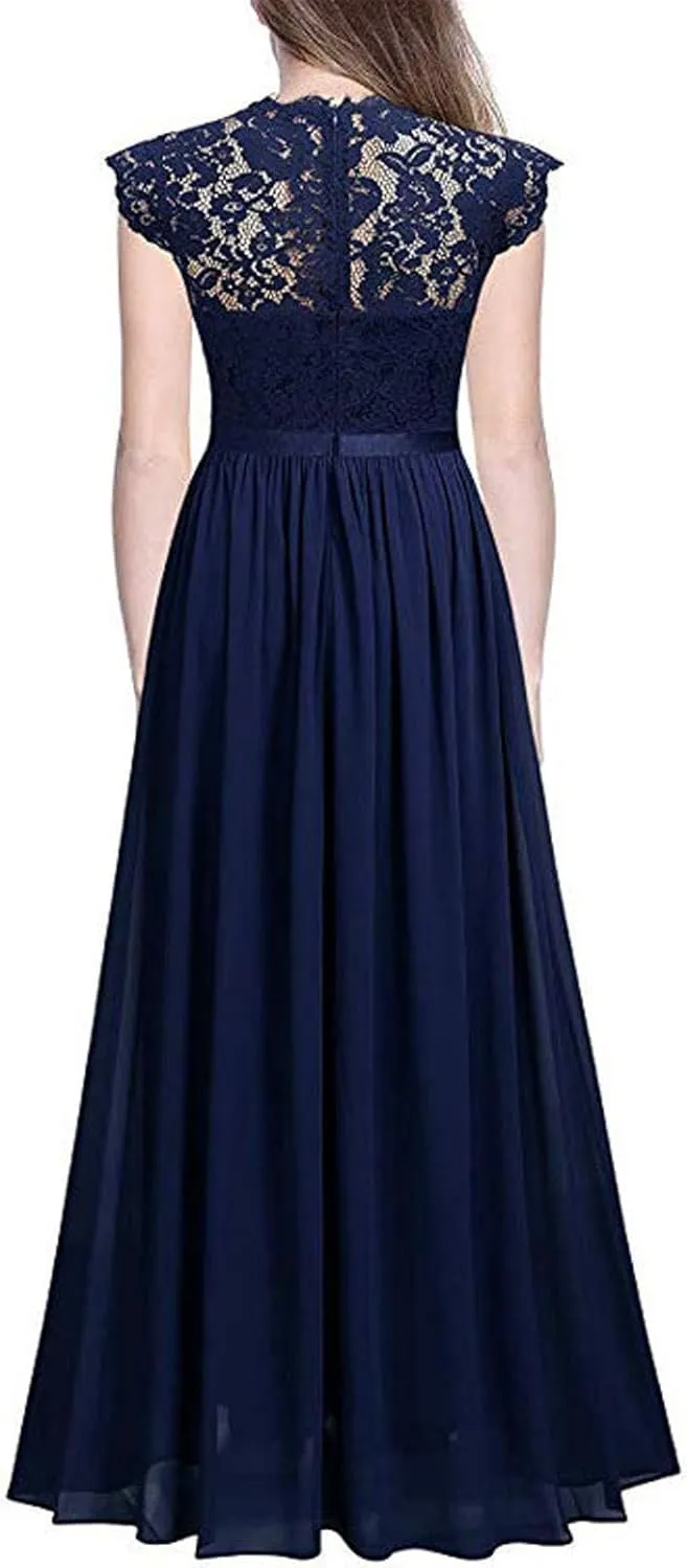 Chiffon Dress Lace Stitching Maxi Dress Bridesmaids Evening Gowns Wedding Guest Dresses Short Sleeve High Waist Dress