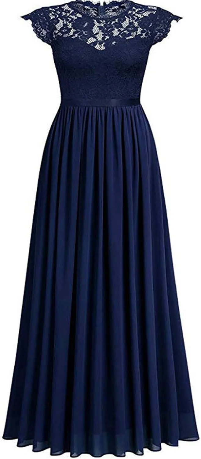 Chiffon Dress Lace Stitching Maxi Dress Bridesmaids Evening Gowns Wedding Guest Dresses Short Sleeve High Waist Dress