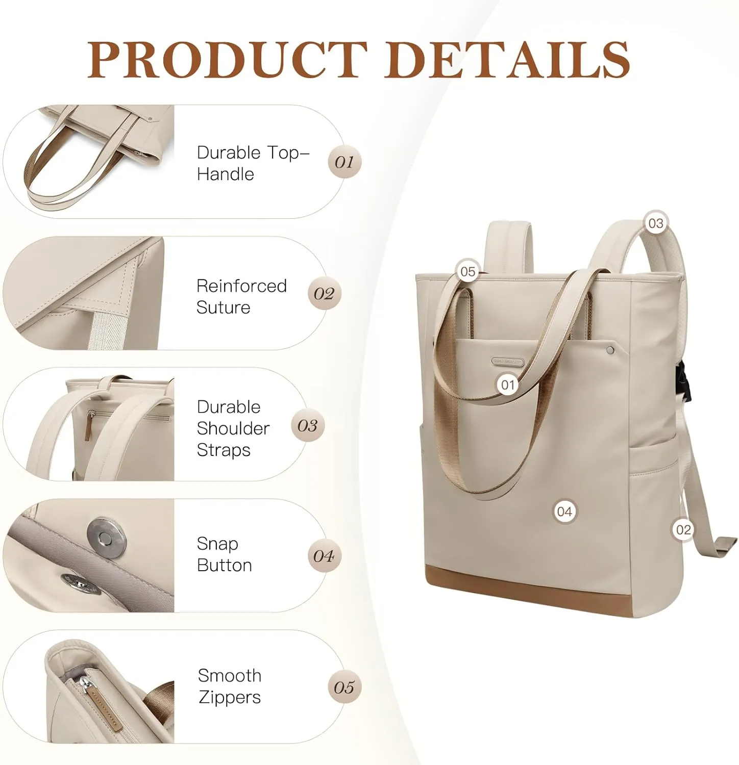 Convertible Laptop Backpack for Women Men Carry on Tote Backpack Teacher Bookbag for College Work Nurse Travel Leisure,16 Inch,Apricot