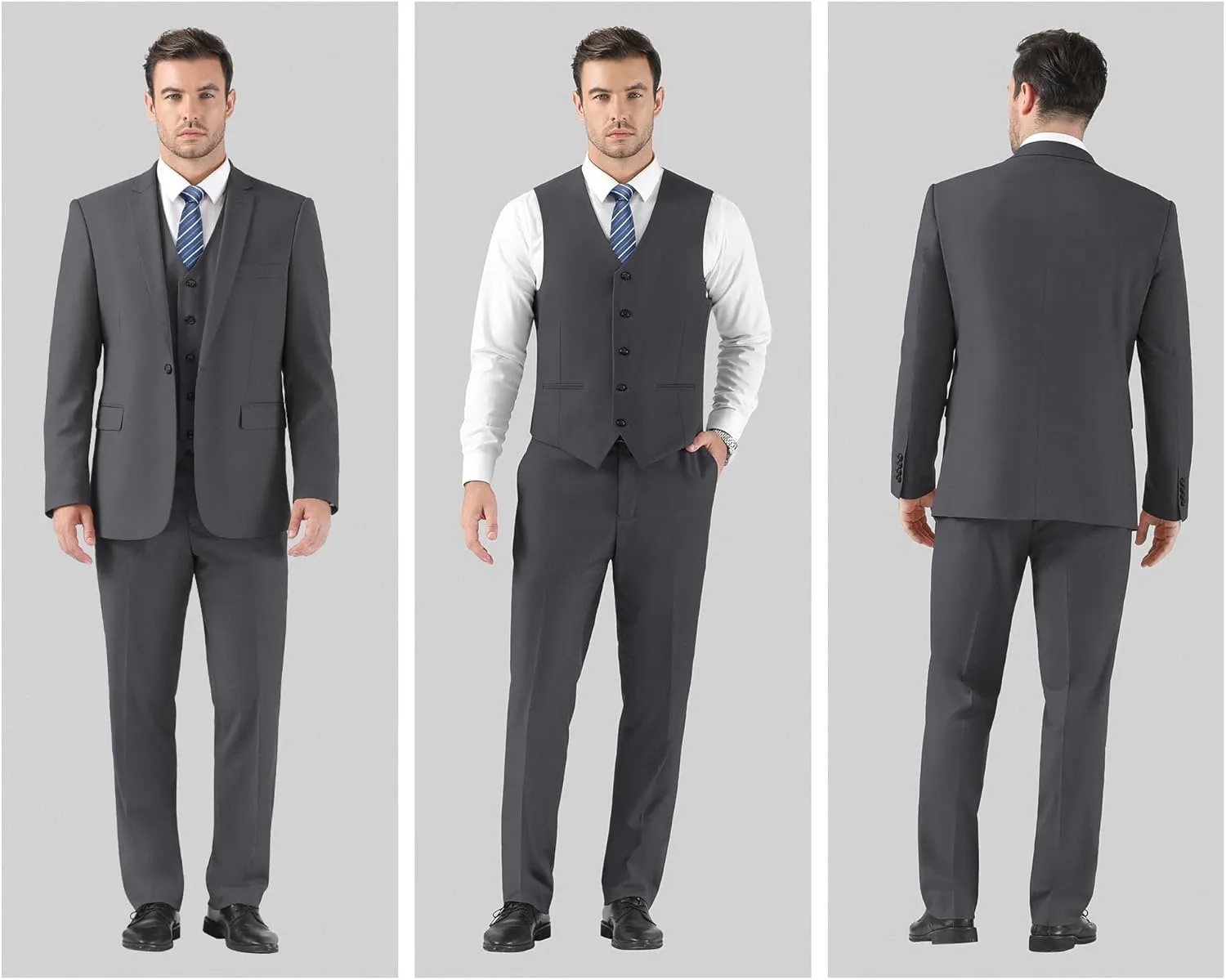 Cooper & Nelson Men's 3 Piece Slim Fit Suit Set, One Button Solid Jacket Vest Pants with Tie