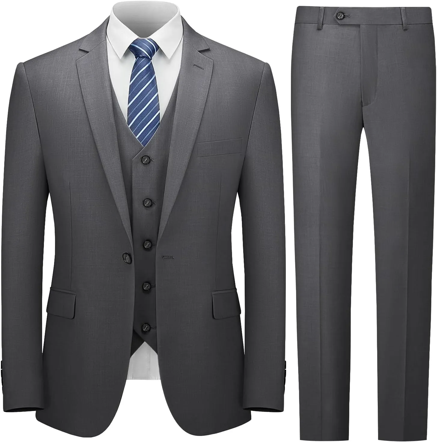 Cooper & Nelson Men's 3 Piece Slim Fit Suit Set, One Button Solid Jacket Vest Pants with Tie