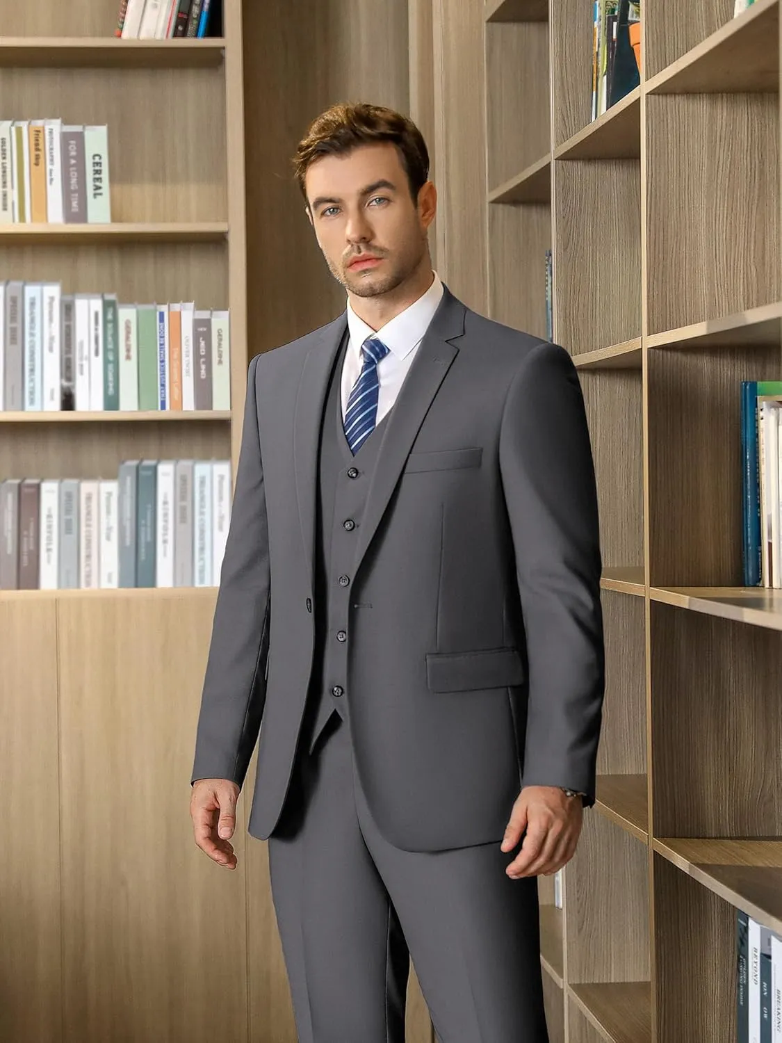 Cooper & Nelson Men's 3 Piece Slim Fit Suit Set, One Button Solid Jacket Vest Pants with Tie