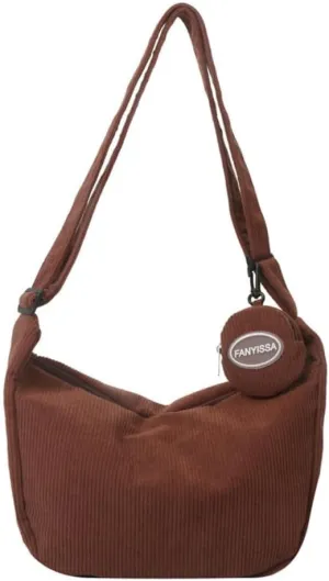 Corduroy Crossbody Tote Bag for Women Men, Trendy Crescent Bag with Small Round Pocket Pendant,Sling Shoulder Hobo Bag (Dark Brown)