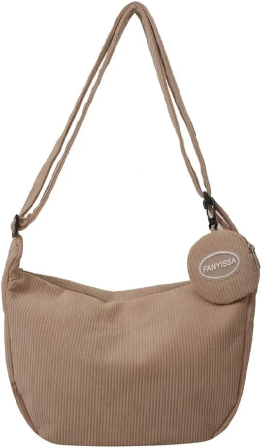 Corduroy Crossbody Tote Bag for Women Men, Trendy Crescent Bag with Small Round Pocket Pendant,Sling Shoulder Hobo Bag (Khaki)