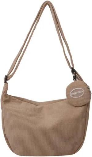 Corduroy Crossbody Tote Bag for Women Men, Trendy Crescent Bag with Small Round Pocket Pendant,Sling Shoulder Hobo Bag (Khaki)