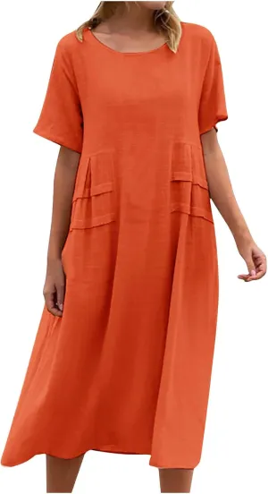 Cotton Linen Dress for Women's Short Sleeve Casual Loose Shift Flowy Summer Midi Dresses Beach Sundresses with Pockets