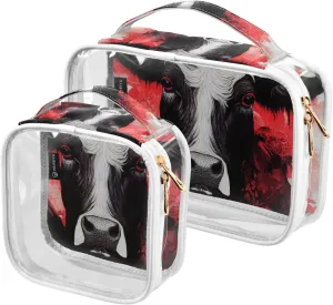 Cow-animal-print 2 Pack Clear Toiletry Bag Women Men, Portable Waterproof Clear Pouch, Cosmetic Bag with Double Zippers Large Opening Traveling with Handle for Bathroom Traveling Vacation Organizing