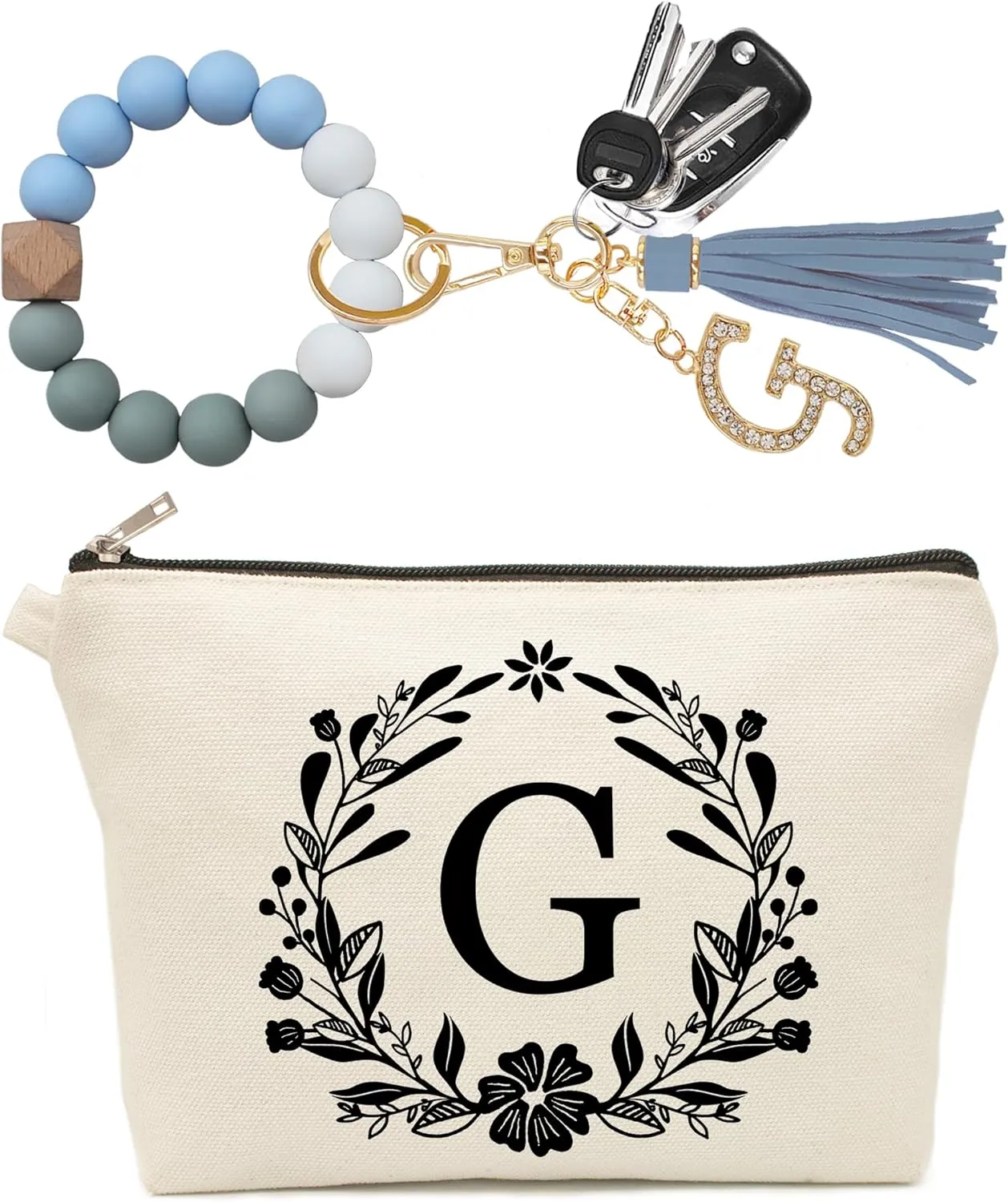 Cute Small Makeup Bag Personalized, Silicone Beaded Wristlet Bracelet Keychain with Initial, Flower Canvas Makeup Pouch Cosmetic Bag, Gift for Women, Teacher, Bridesmaids (Letter G)