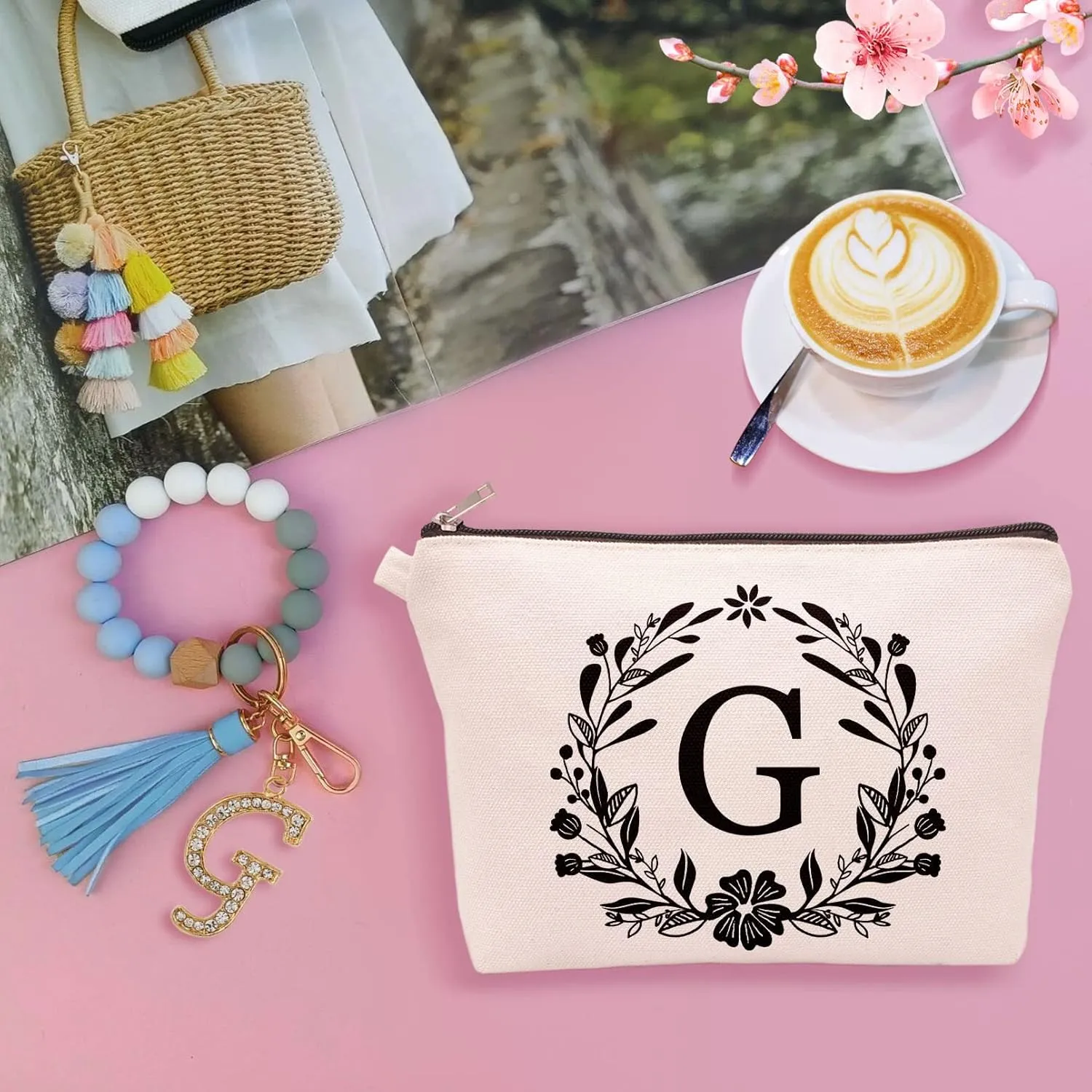 Cute Small Makeup Bag Personalized, Silicone Beaded Wristlet Bracelet Keychain with Initial, Flower Canvas Makeup Pouch Cosmetic Bag, Gift for Women, Teacher, Bridesmaids (Letter G)