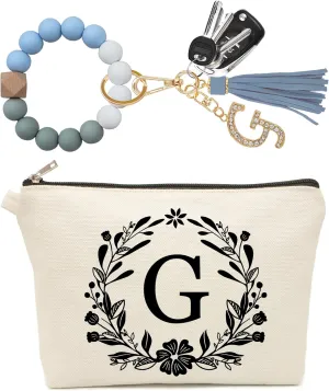Cute Small Makeup Bag Personalized, Silicone Beaded Wristlet Bracelet Keychain with Initial, Flower Canvas Makeup Pouch Cosmetic Bag, Gift for Women, Teacher, Bridesmaids (Letter G)