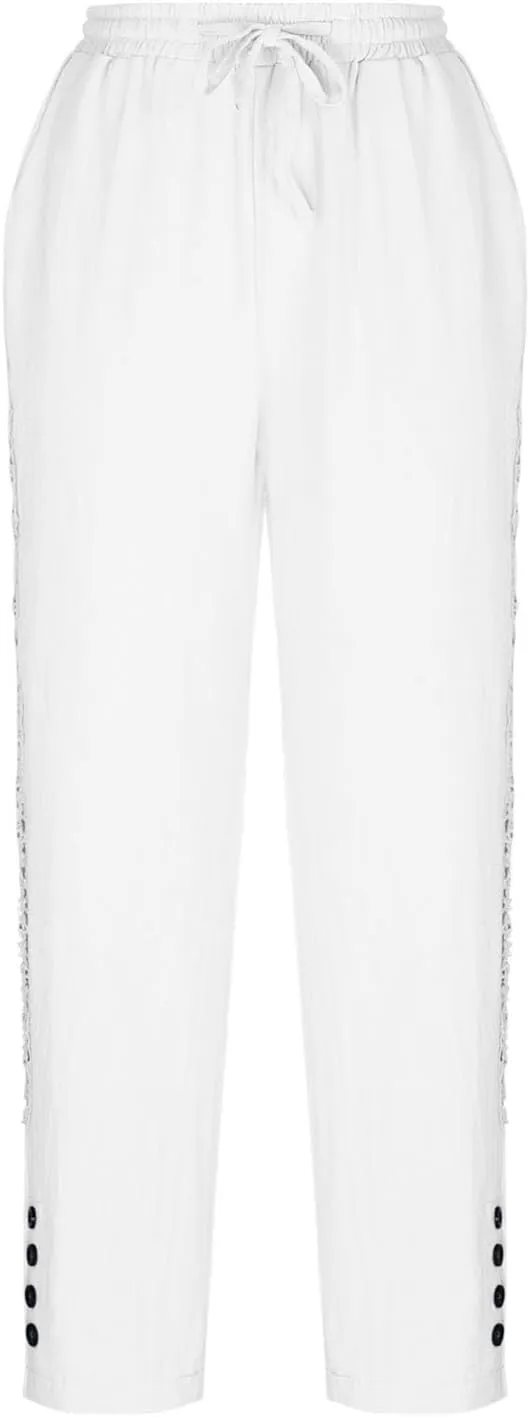 DASAYO Cotton Linen Pants Women Trendy Drawstring Elastic Waist Comfy Casual Trousers Ladies Boho Beach Pants with Pockets