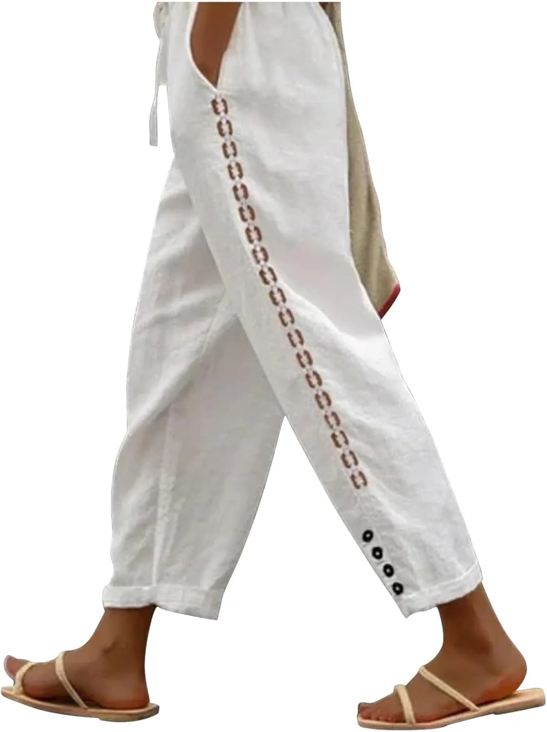 DASAYO Cotton Linen Pants Women Trendy Drawstring Elastic Waist Comfy Casual Trousers Ladies Boho Beach Pants with Pockets