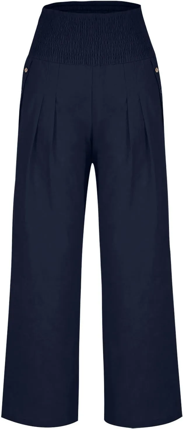 DASAYO Linen Pants Women Summer Smocked High Waisted Palazzo Pants Dressy Casual Ladies Loose Lounge Trousers with Pockets