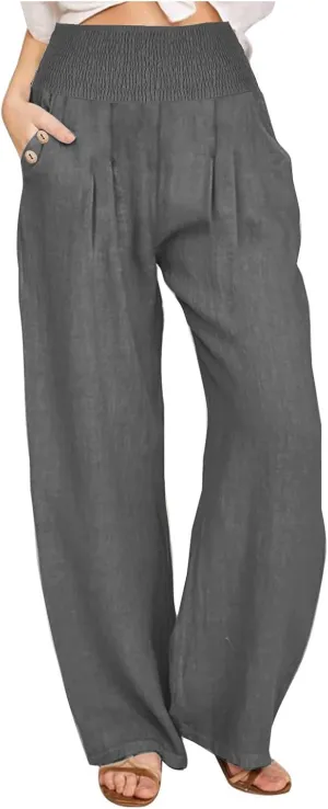 DASAYO Linen Pants Women Summer Smocked High Waisted Palazzo Pants Dressy Casual Ladies Loose Lounge Trousers with Pockets