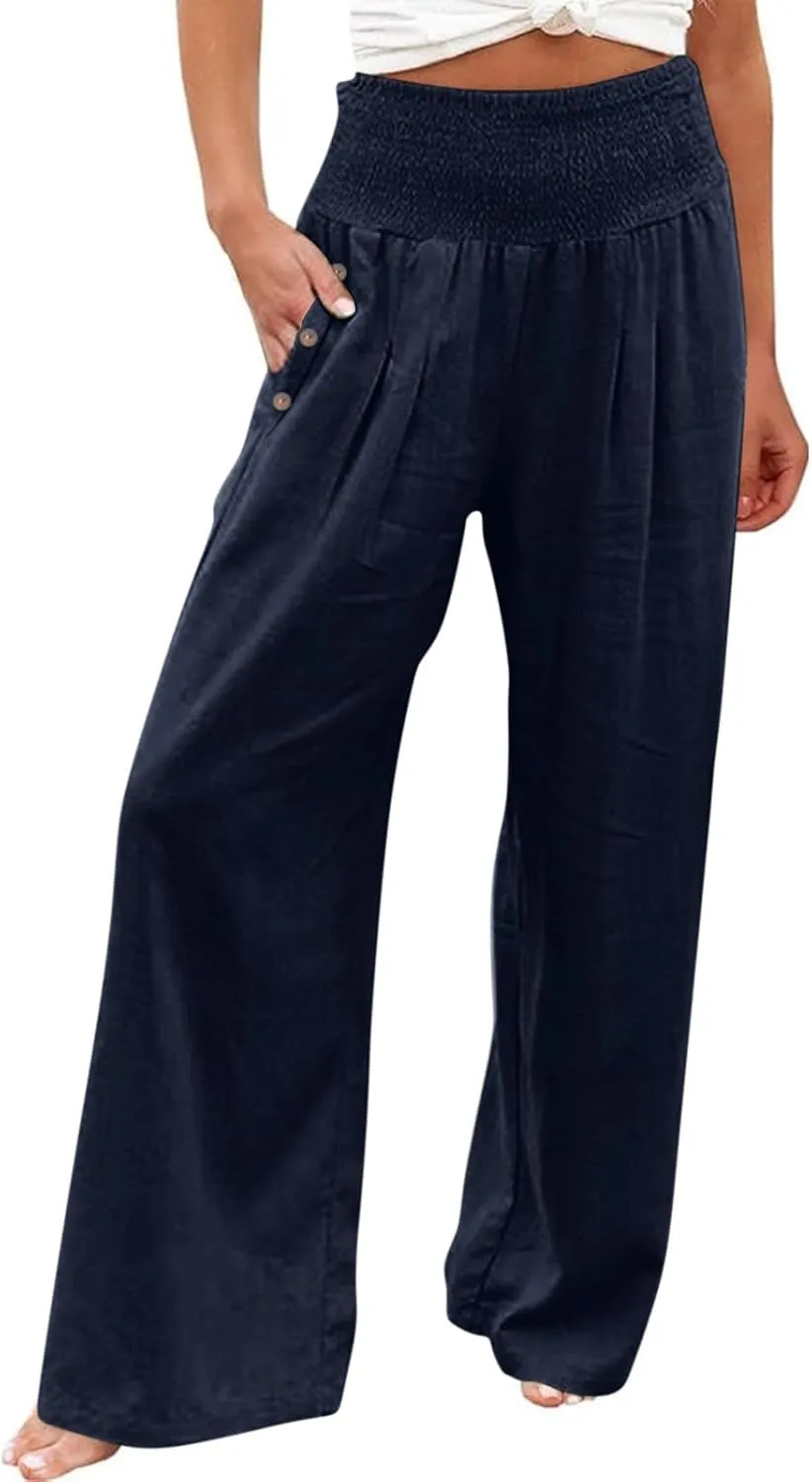 DASAYO Linen Pants Women Summer Smocked High Waisted Palazzo Pants Dressy Casual Ladies Loose Lounge Trousers with Pockets