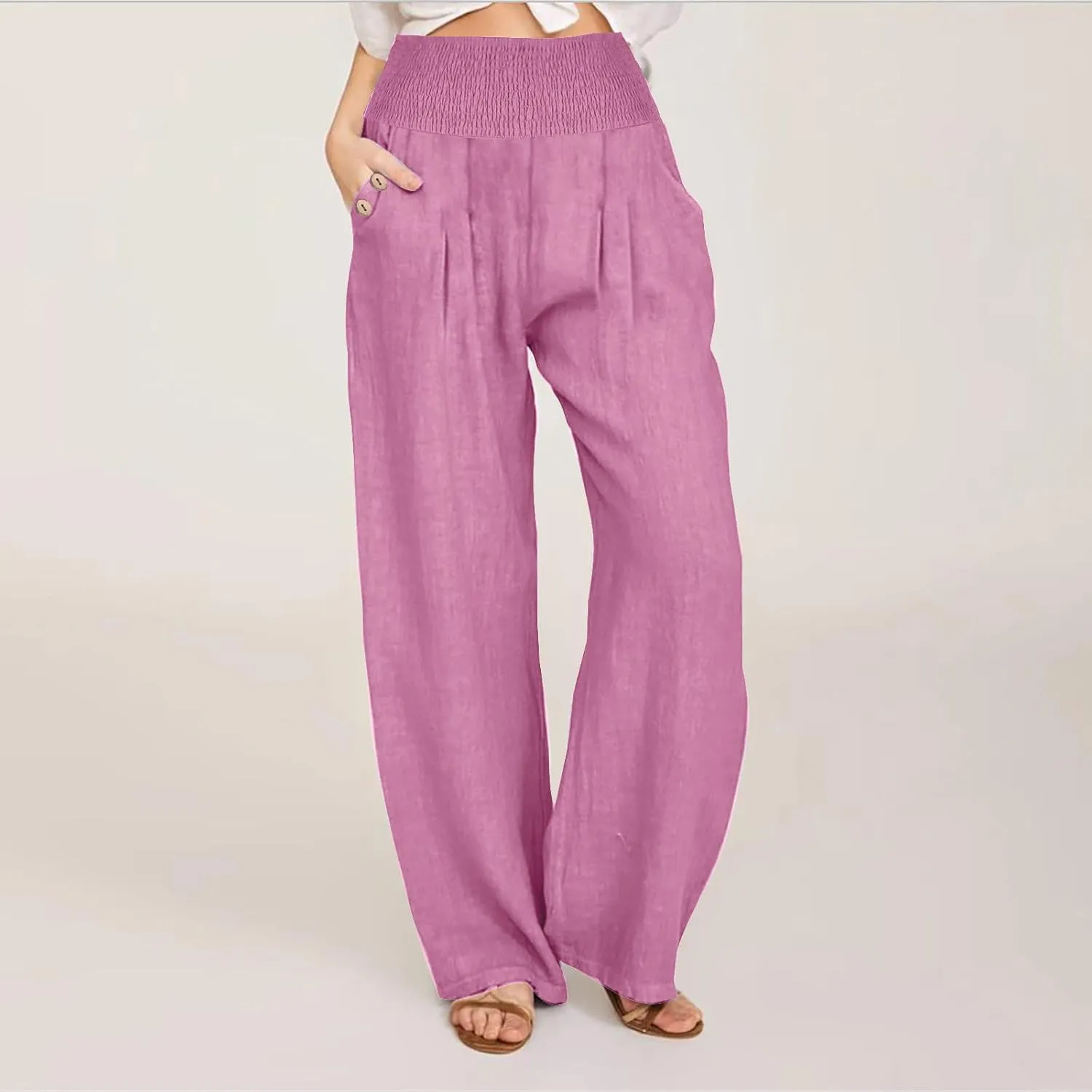 DASAYO Linen Pants Women Summer Smocked High Waisted Palazzo Pants Dressy Casual Ladies Loose Lounge Trousers with Pockets