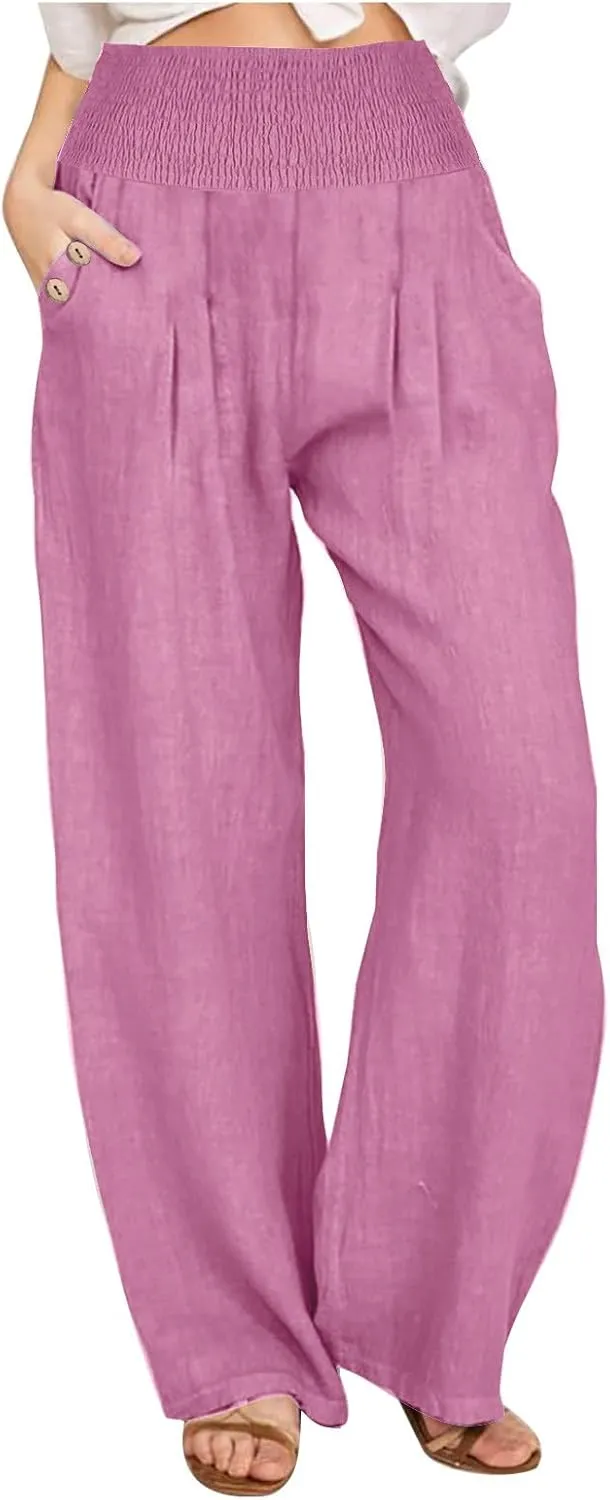 DASAYO Linen Pants Women Summer Smocked High Waisted Palazzo Pants Dressy Casual Ladies Loose Lounge Trousers with Pockets