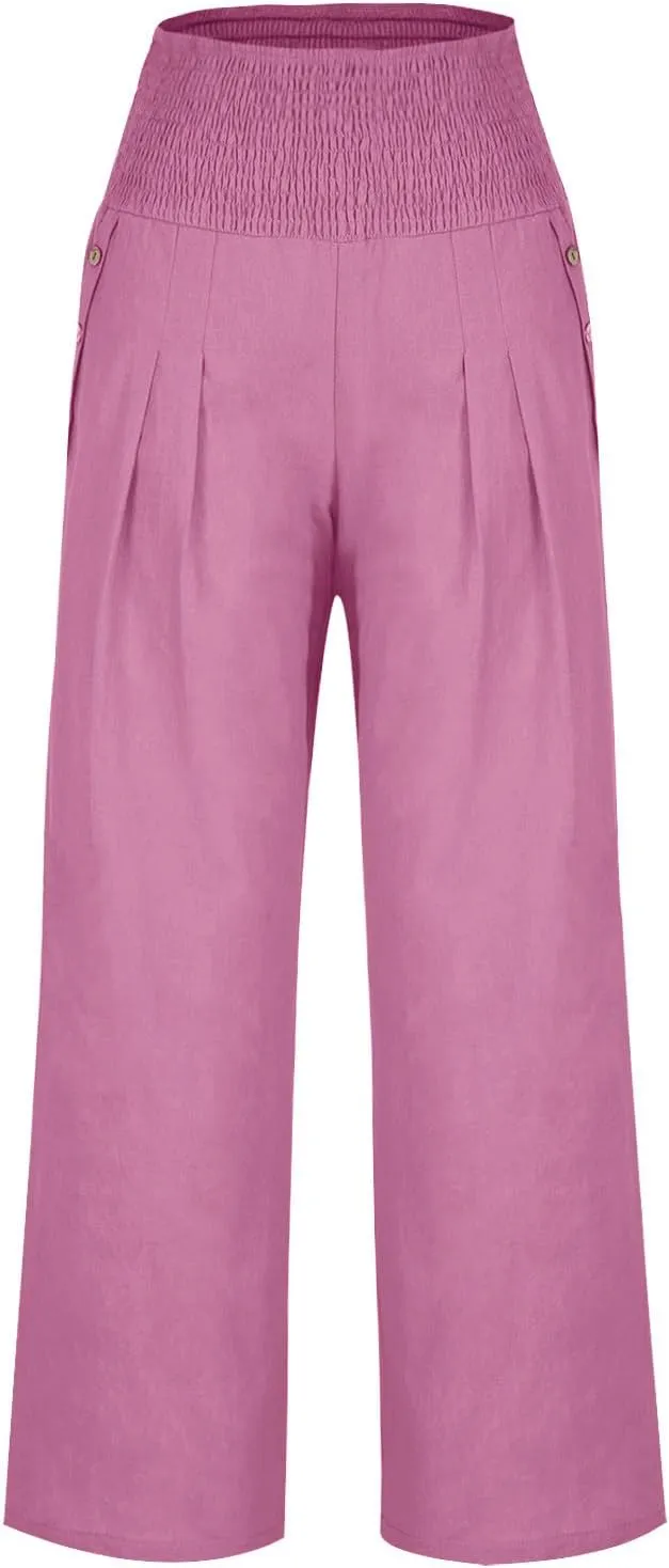 DASAYO Linen Pants Women Summer Smocked High Waisted Palazzo Pants Dressy Casual Ladies Loose Lounge Trousers with Pockets