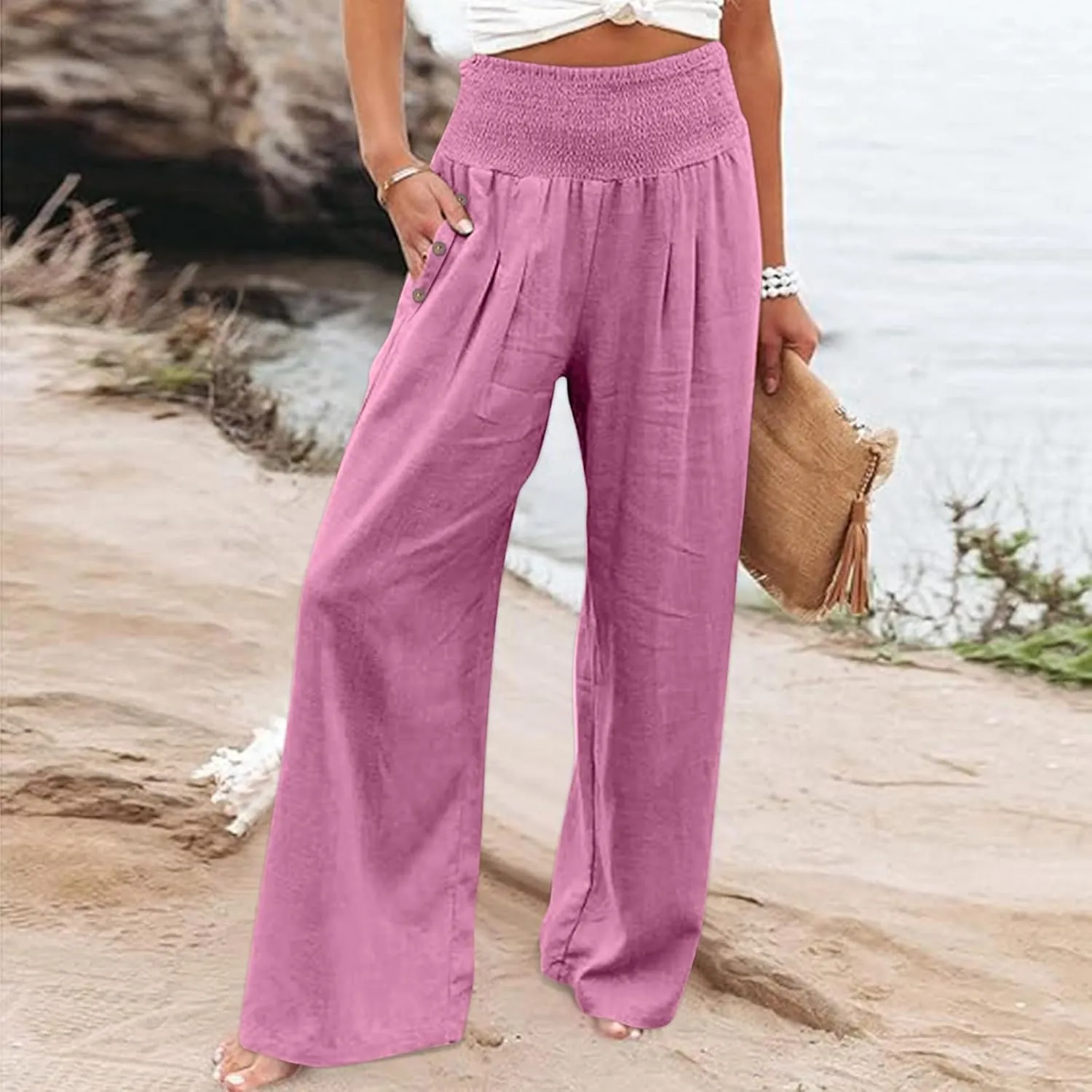 DASAYO Linen Pants Women Summer Smocked High Waisted Palazzo Pants Dressy Casual Ladies Loose Lounge Trousers with Pockets