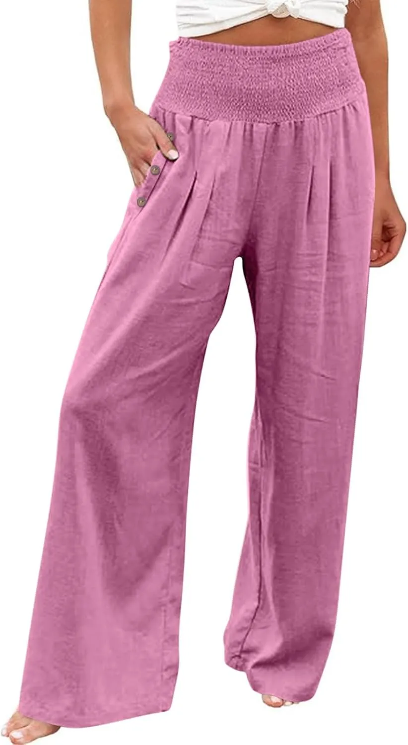 DASAYO Linen Pants Women Summer Smocked High Waisted Palazzo Pants Dressy Casual Ladies Loose Lounge Trousers with Pockets