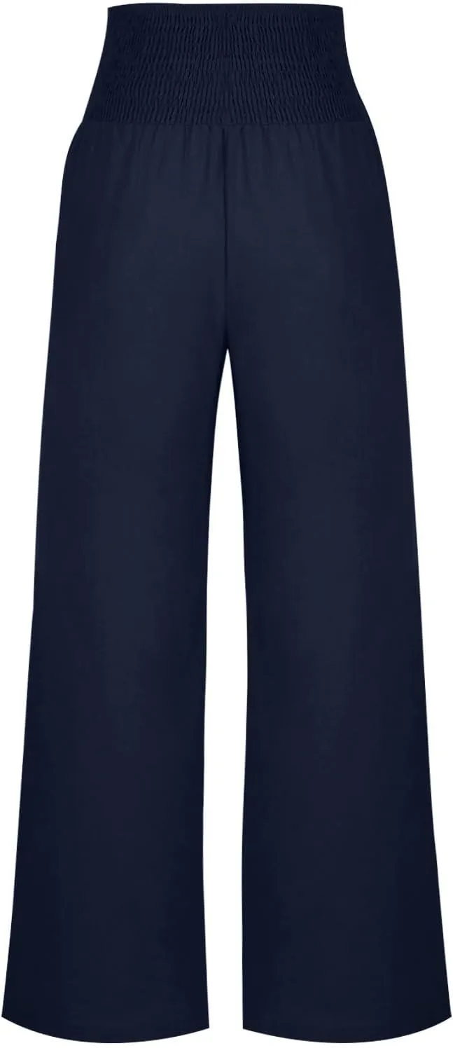 DASAYO Linen Pants Women Summer Smocked High Waisted Palazzo Pants Dressy Casual Ladies Loose Lounge Trousers with Pockets