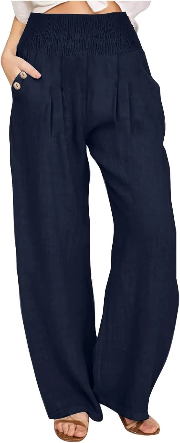 DASAYO Linen Pants Women Summer Smocked High Waisted Palazzo Pants Dressy Casual Ladies Loose Lounge Trousers with Pockets