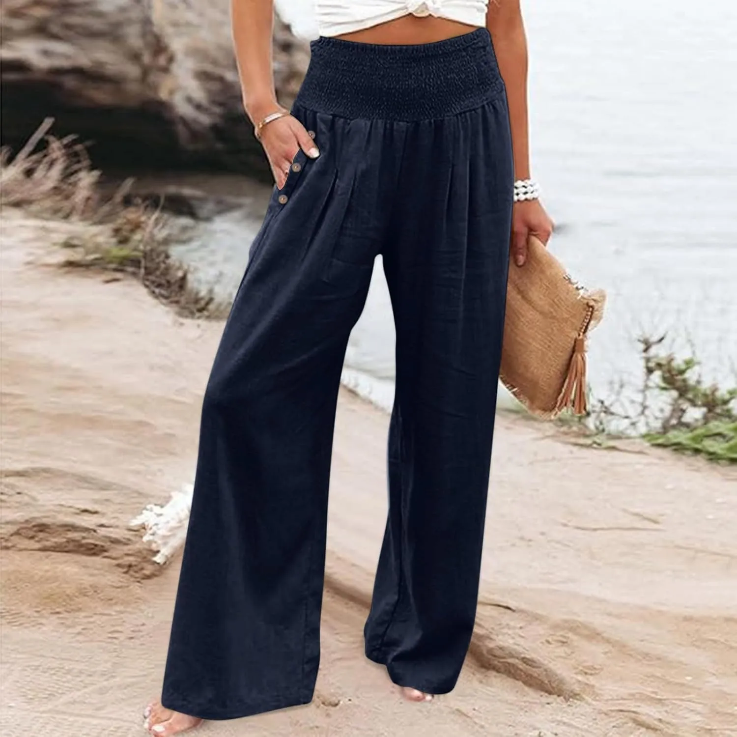 DASAYO Linen Pants Women Summer Smocked High Waisted Palazzo Pants Dressy Casual Ladies Loose Lounge Trousers with Pockets