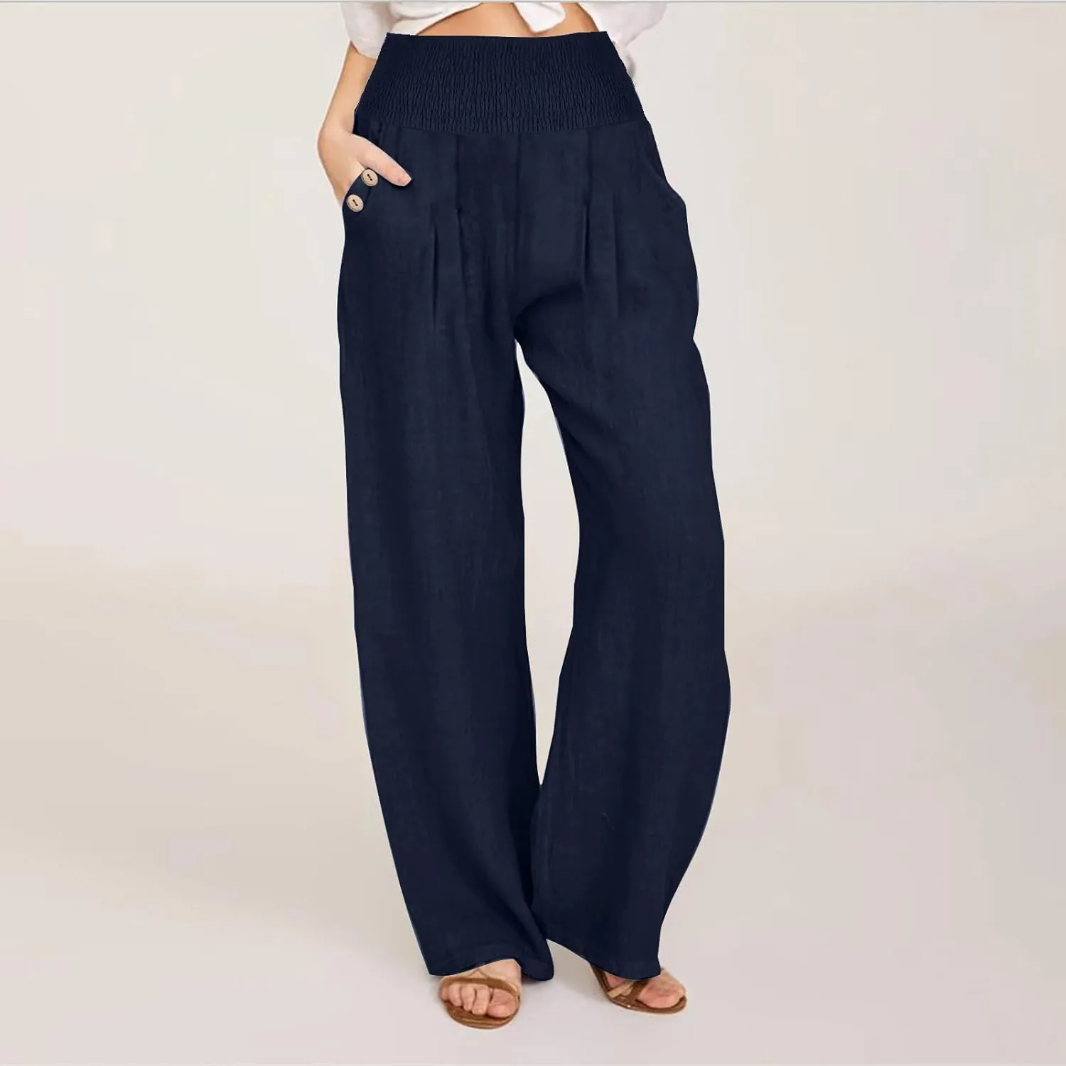 DASAYO Linen Pants Women Summer Smocked High Waisted Palazzo Pants Dressy Casual Ladies Loose Lounge Trousers with Pockets