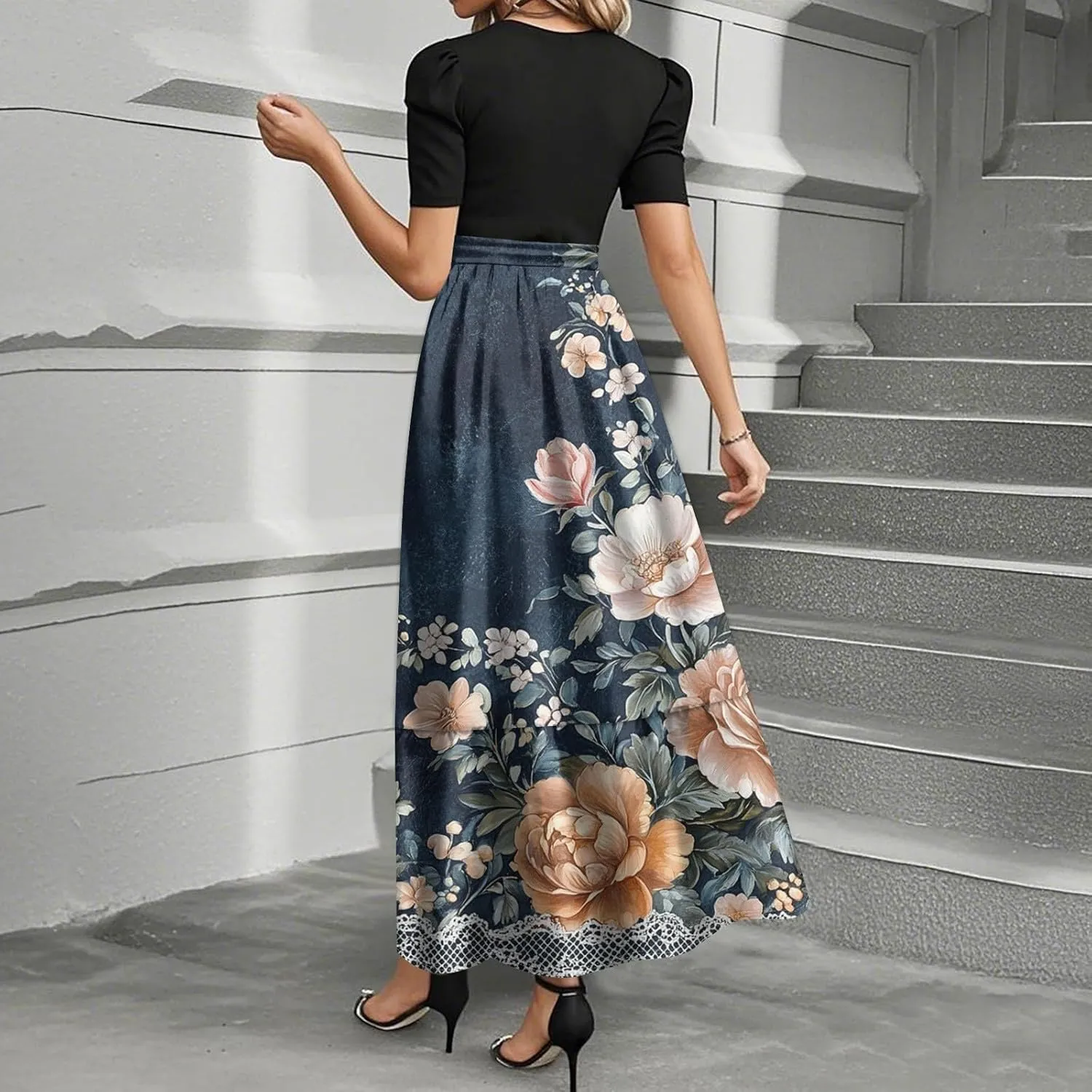 Dresses for Women 2025 Short Sleeve Round Neck Dresses Knee Length Dress Long Flowy Beach Dresses
