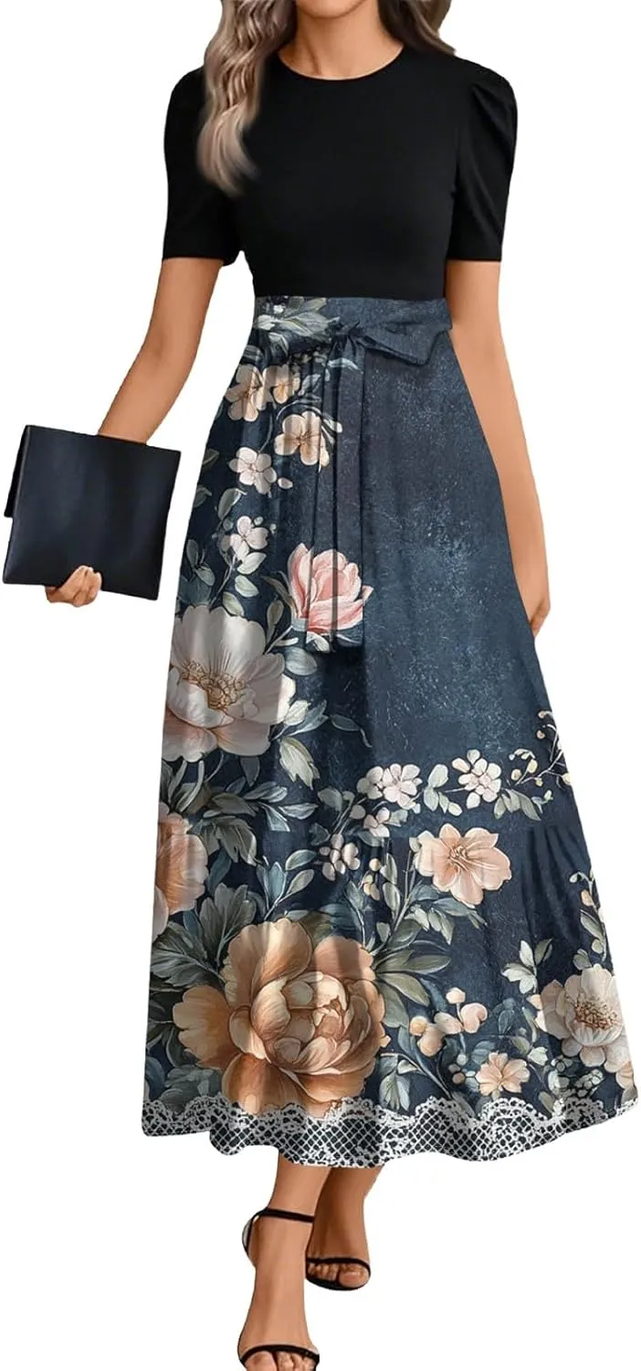 Dresses for Women 2025 Short Sleeve Round Neck Dresses Knee Length Dress Long Flowy Beach Dresses