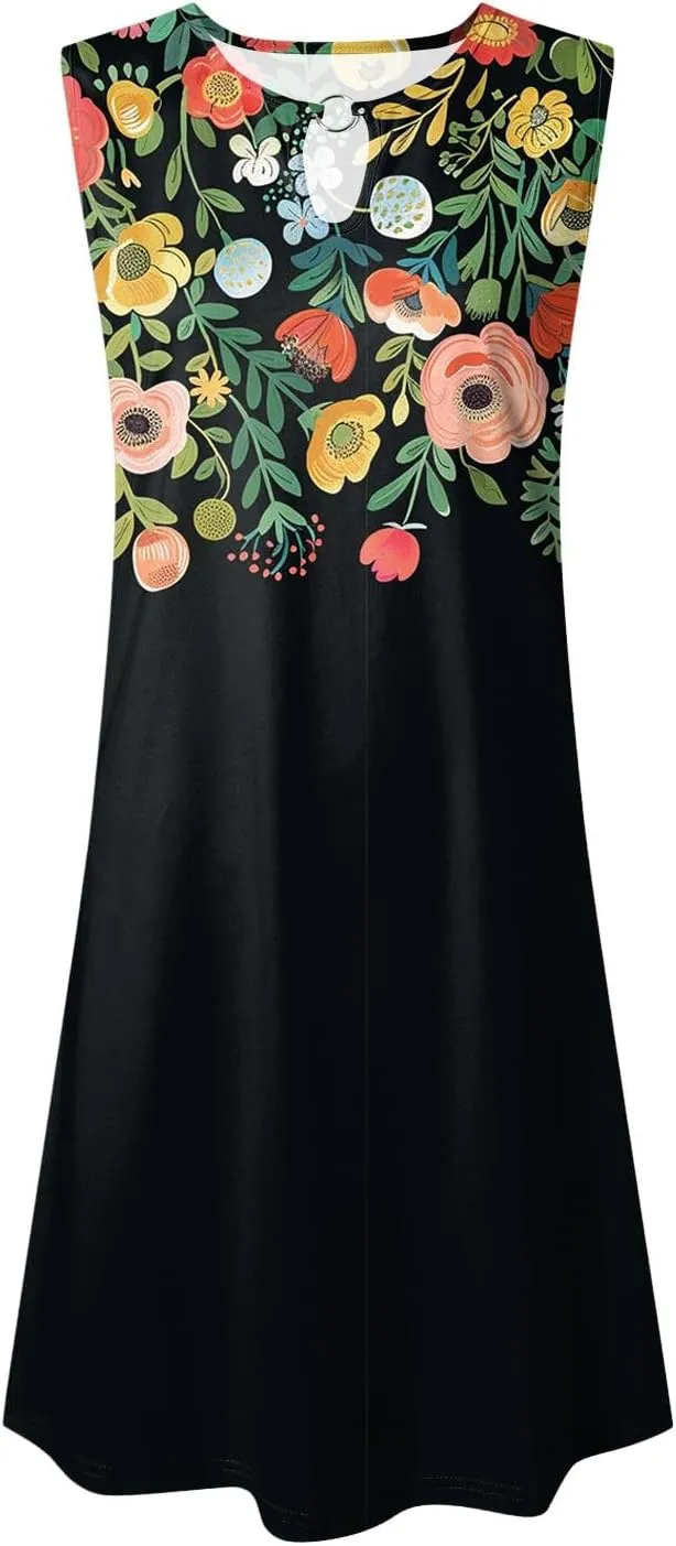 Eduavar Mini Dresses for Women Summer Floral Dress for Women Plus Size Tank Dress Floral Print Sleeveless V Neck Mini Dress