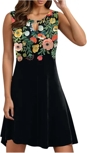 Eduavar Mini Dresses for Women Summer Floral Dress for Women Plus Size Tank Dress Floral Print Sleeveless V Neck Mini Dress