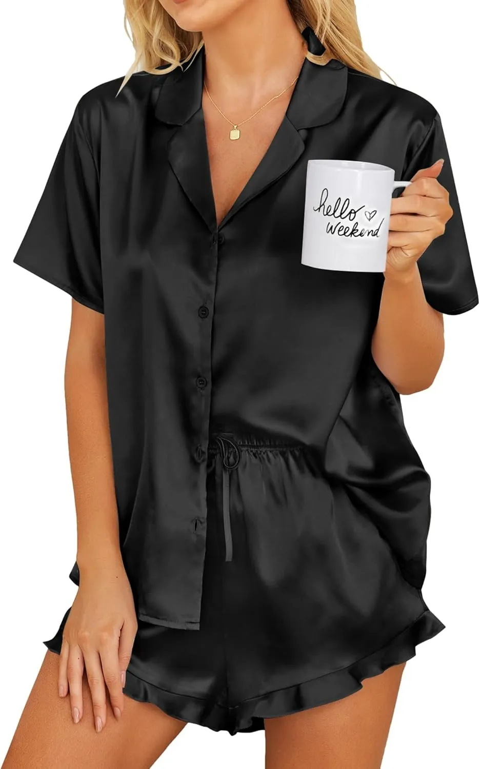 Ekouaer Womens Silk Pajamas Set Button Down 2 Piece Satin Pjs Shorts Set Ruffle Notch Collar Sleepwear