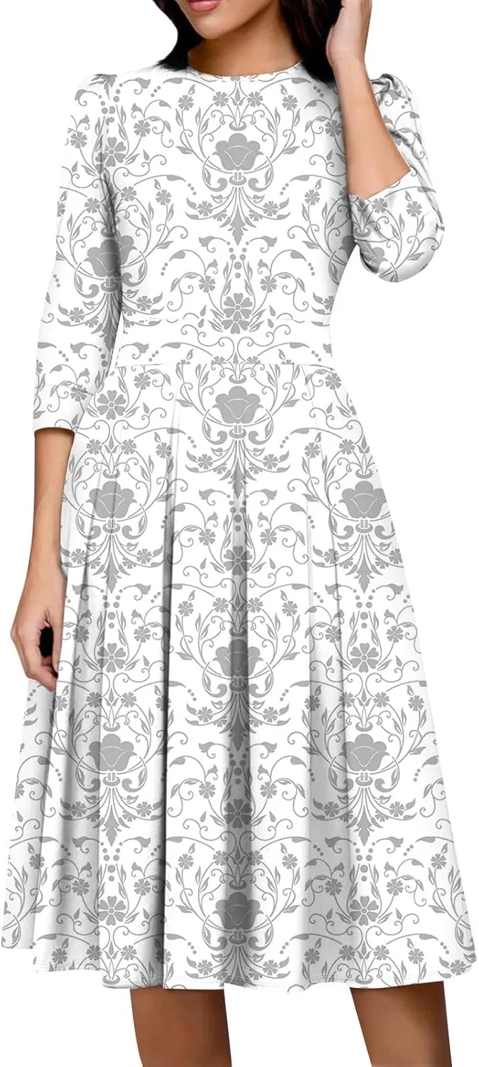 Elegant Women's Floral Print A-Line Midi Dress with 3/4 Sleeves Perfect for Casual and Formal Occasions